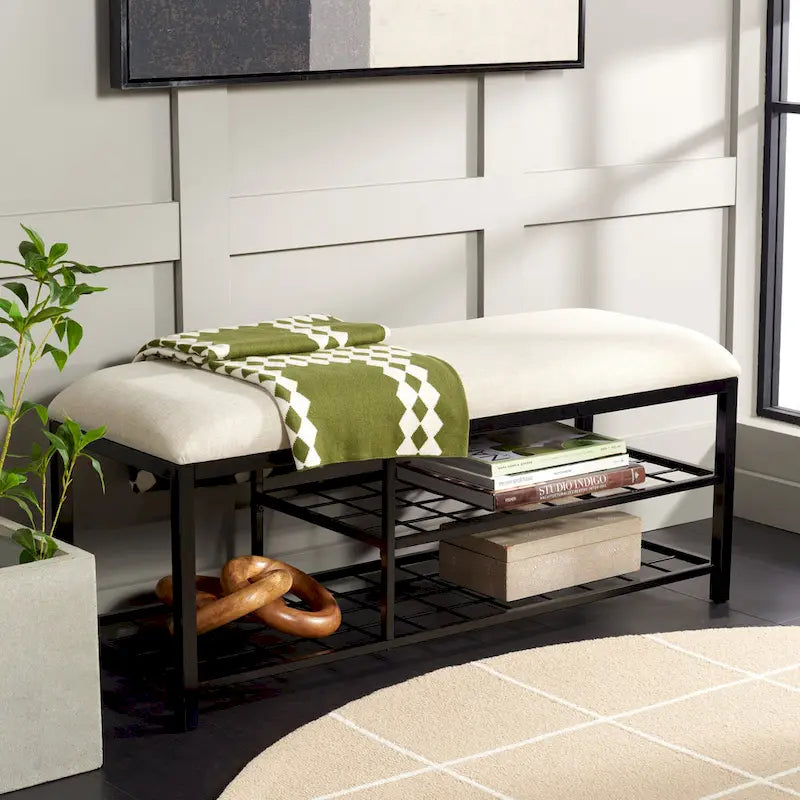 SAFAVIEH Yael Open Shelf Bench with Cushion - 42  W x 15  D x 18  H - 42Wx15Dx18H