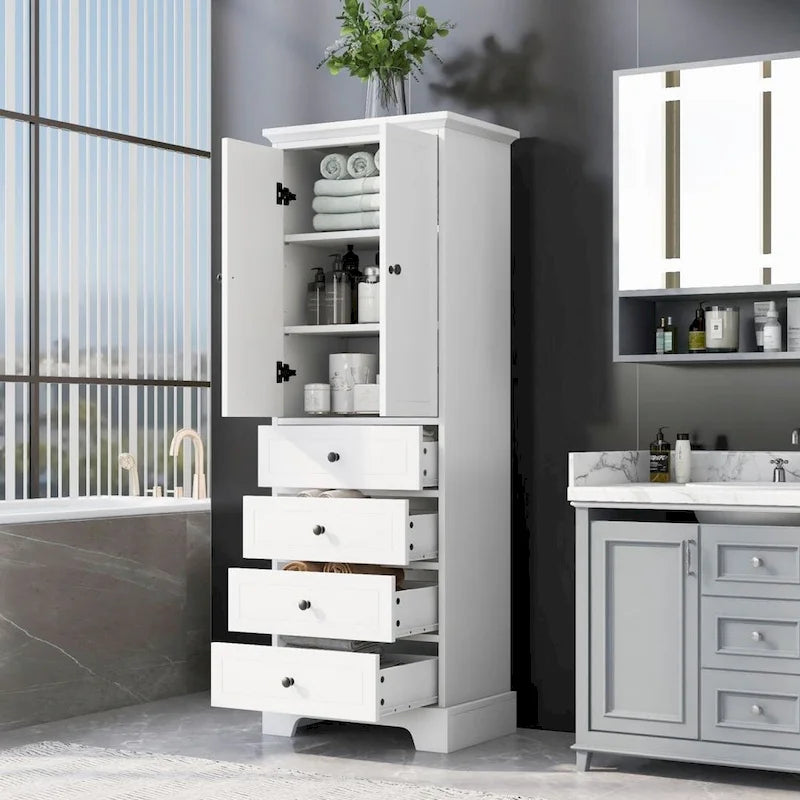 Storage Cabinet with 2 Doors and 4 Drawers for Bathroom Adjustable Shelf, MDF Board with Painted Finish
