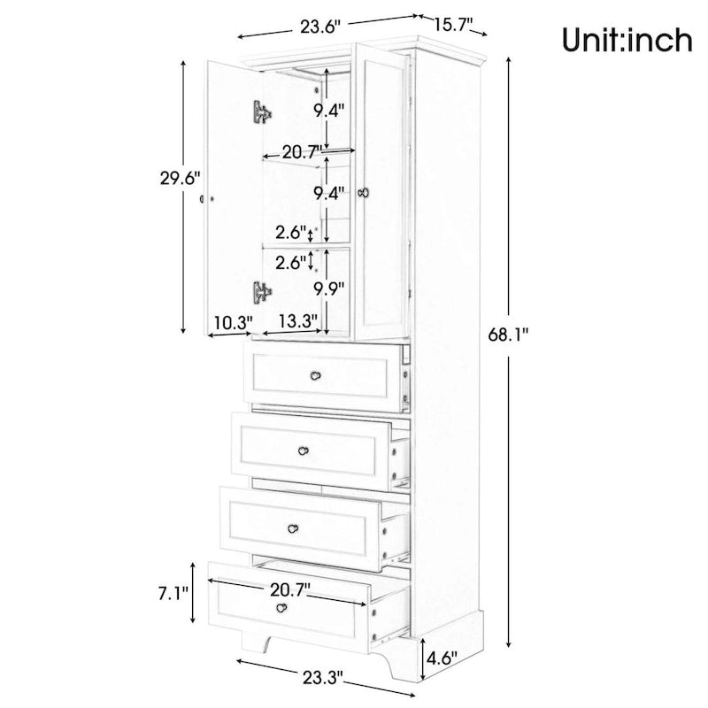 Storage Cabinet with 2 Doors and 4 Drawers for Bathroom Adjustable Shelf, MDF Board with Painted Finish