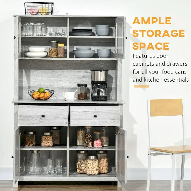 HOMCOM 63.5  Kitchen Buffet with Hutch, Pantry Storage Cabinet with 4 Shelves, Drawers, Framed Glass Doors