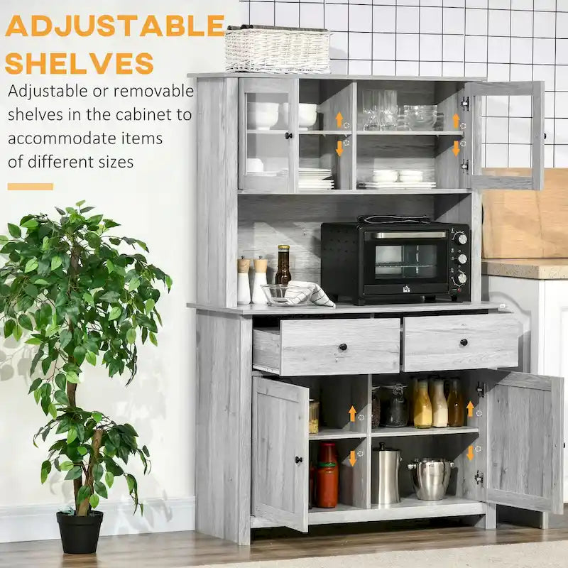 HOMCOM 63.5  Kitchen Buffet with Hutch, Pantry Storage Cabinet with 4 Shelves, Drawers, Framed Glass Doors