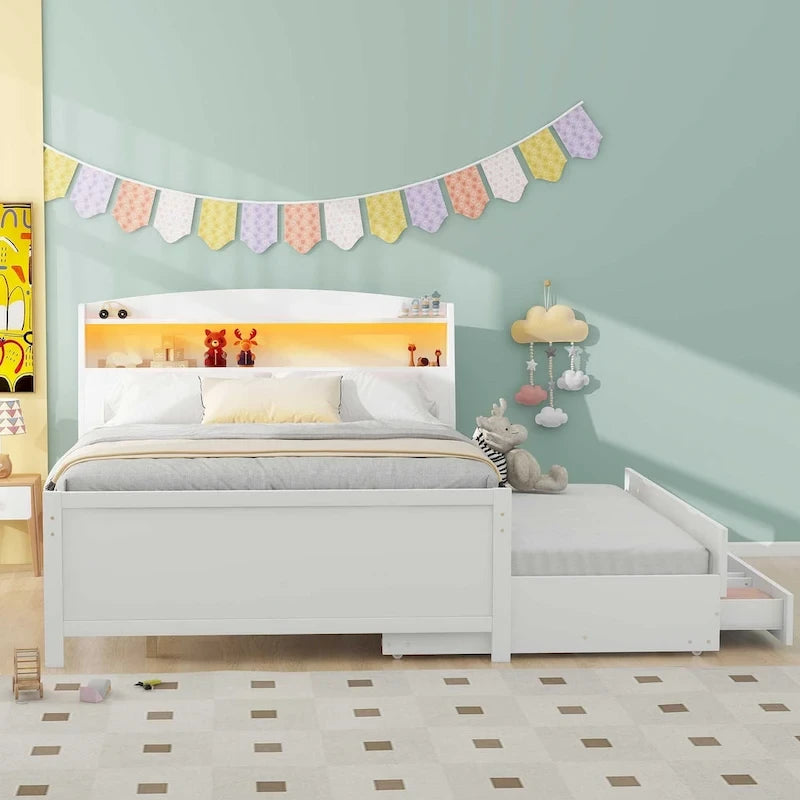 Full Size Platform Bed with Storage LED Headboard, Twin Size Trundle and 3 Drawers, White