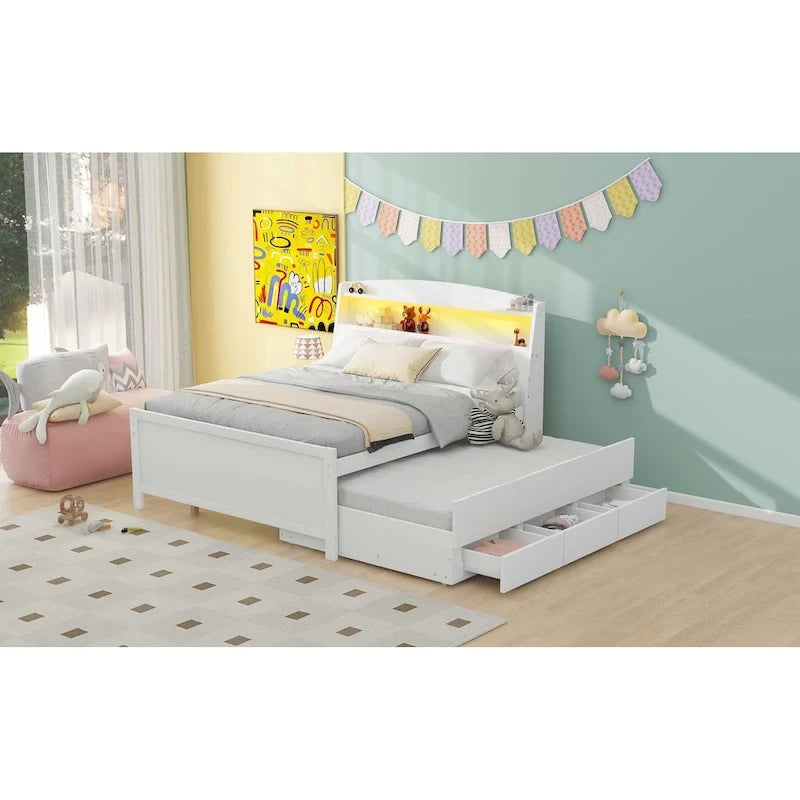 Full Size Platform Bed with Storage LED Headboard, Twin Size Trundle and 3 Drawers, White