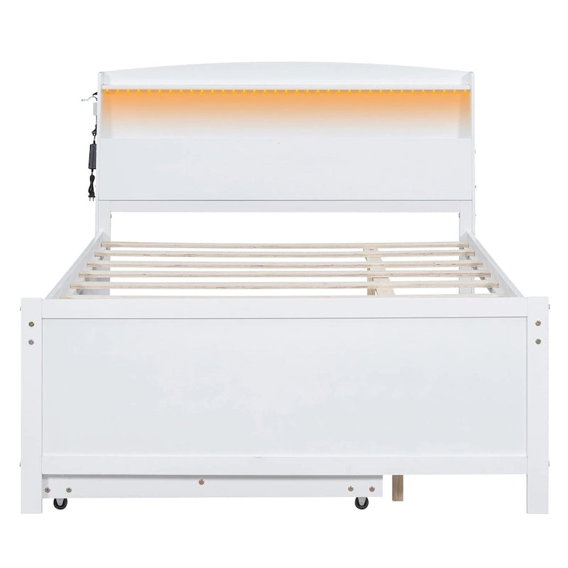 Full Size Platform Bed with Storage LED Headboard, Twin Size Trundle and 3 Drawers, White