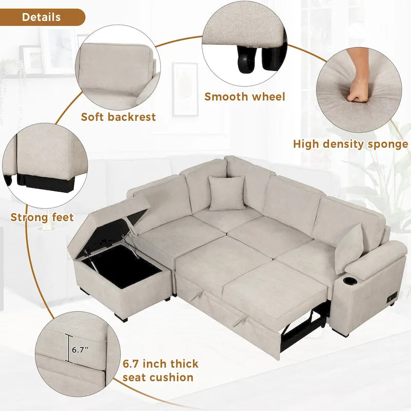 87.4  Sleeper Sofa Bed,2 in 1 Pull Out sofa bed L Shape Couch with Storage Ottoman for Living Room,Bedroom Couch and Small Apart