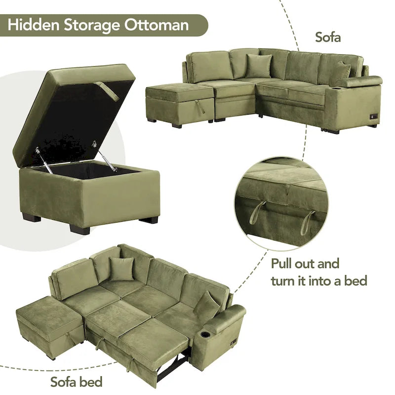 87.4  Sleeper Sofa Bed,2 in 1 Pull Out sofa bed L Shape Couch with Storage Ottoman for Living Room,Bedroom Couch and Small Apart