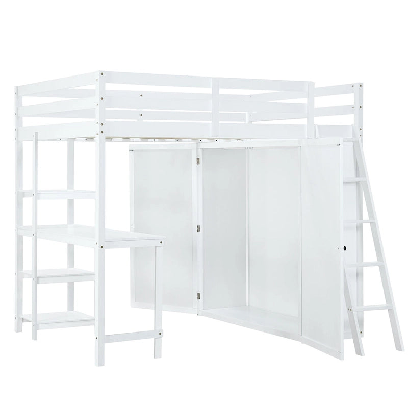 Full Size Loft Bed with Wardrobe and Desk and Shelves, Gray