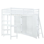 Full Size Loft Bed with Wardrobe and Desk and Shelves, Gray