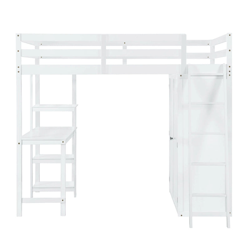 Full Size Loft Bed with Wardrobe and Desk and Shelves, Gray