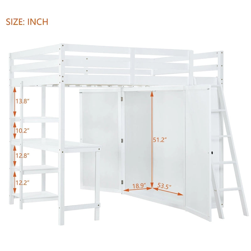 Full Size Loft Bed with Wardrobe and Desk and Shelves, Gray