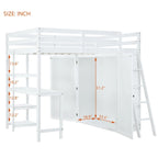 Full Size Loft Bed with Wardrobe and Desk and Shelves, Gray