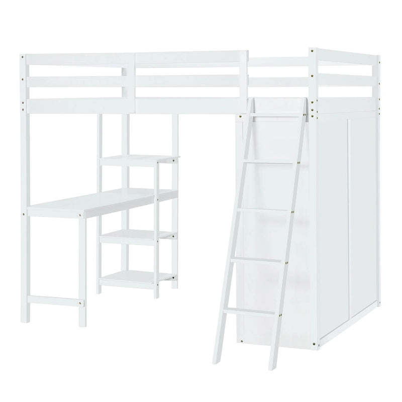 Full Size Loft Bed with Wardrobe and Desk and Shelves, Gray