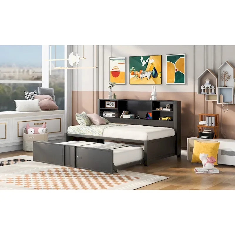 Metal Twin Size Daybed with Twin Size Trundle, Storage Shelves and USB Ports, Black