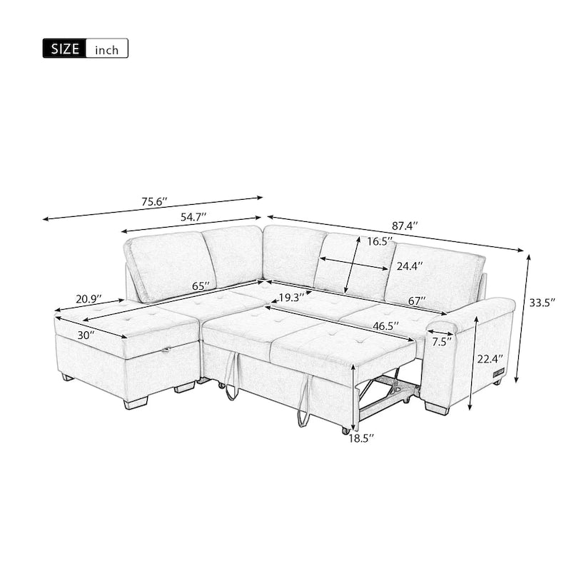 Sleeper Sectional Sofa, L-Shape Corner Couch Sofa-Bed with Storage Ottoman & Hidden Arm Storage & USB Charge for Living Room Ap