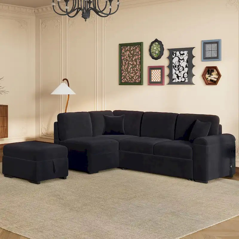 Sleeper Sectional Sofa, L-Shape Corner Couch Sofa-Bed with Storage Ottoman & Hidden Arm Storage & USB Charge for Living Room Ap