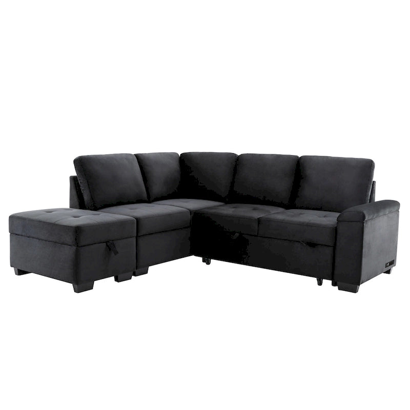 Sleeper Sectional Sofa, L-Shape Corner Couch Sofa-Bed with Storage Ottoman & Hidden Arm Storage & USB Charge for Living Room Ap