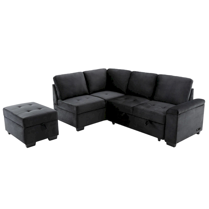Sleeper Sectional Sofa, L-Shape Corner Couch Sofa-Bed with Storage Ottoman & Hidden Arm Storage & USB Charge for Living Room Ap