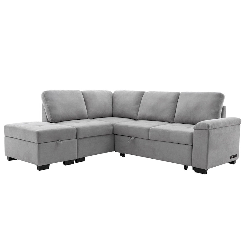 Sleeper Sectional Sofa, L-Shape Corner Couch Sofa-Bed with Storage Ottoman & Hidden Arm Storage & USB Charge for Living Room Ap