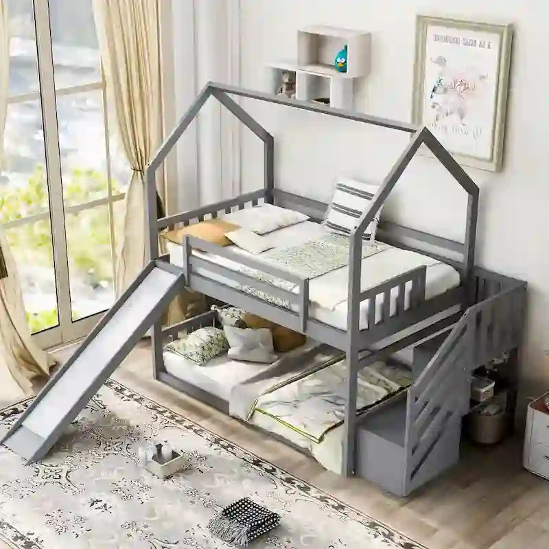 Twin over Twin House Bunk Bed with Convertible Slide,Storage Staircase can be Placed Left or Right,Gray