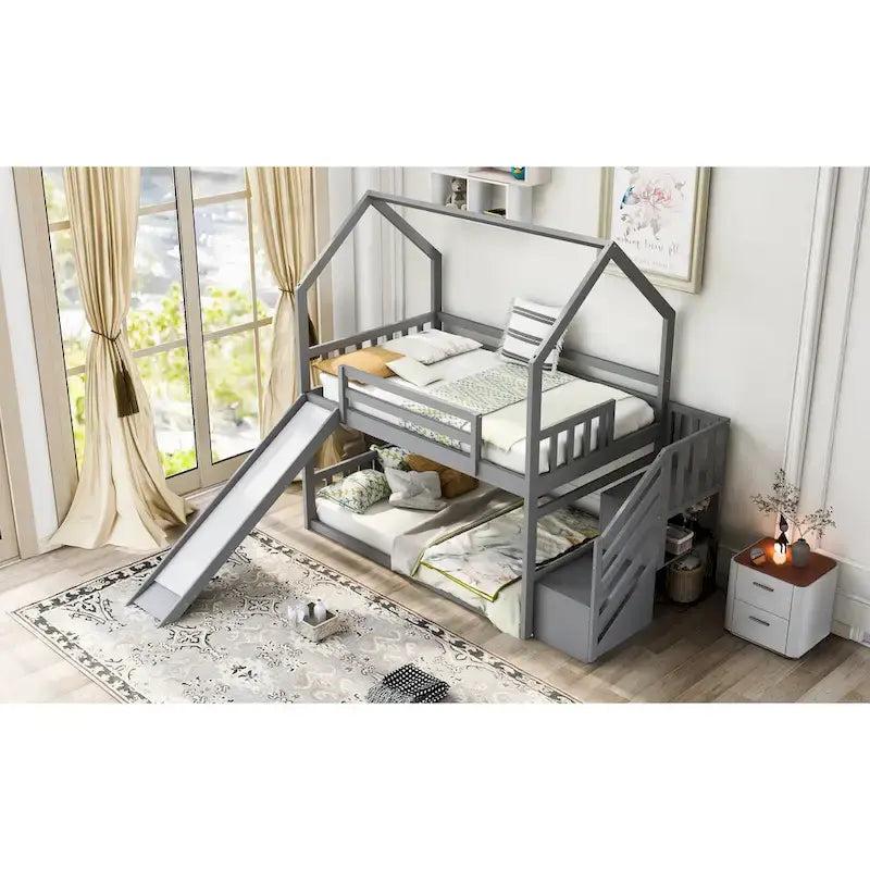 Twin over Twin House Bunk Bed with Convertible Slide,Storage Staircase can be Placed Left or Right,Gray