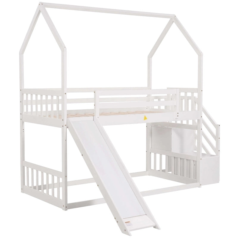Twin over Twin House Bunk Bed with Convertible Slide,Storage Staircase can be Placed Left or Right,Gray