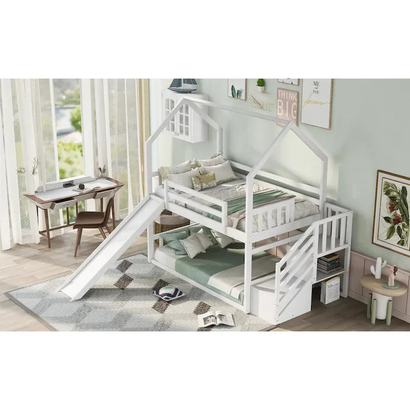 Twin over Twin House Bunk Bed with Convertible Slide,Storage Staircase can be Placed Left or Right,Gray