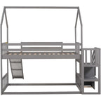 Twin over Twin House Bunk Bed with Convertible Slide,Storage Staircase can be Placed Left or Right,Gray