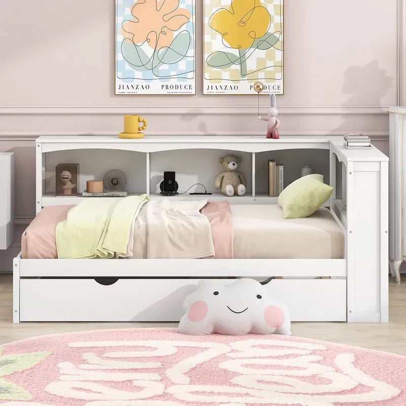 Twin Size Daybed with Trundle, Storage Cabinets and USB Ports, White