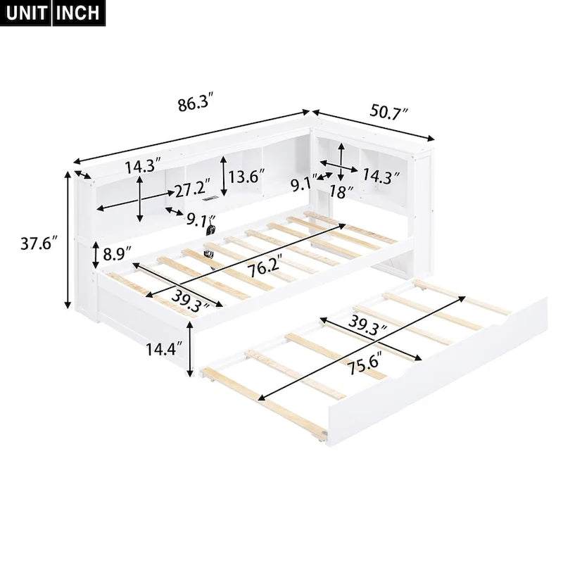 Twin Size Daybed with Trundle, Storage Cabinets and USB Ports, White