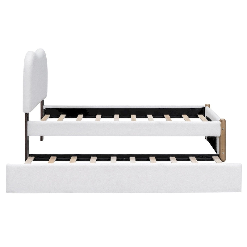 Twin Size Upholstered Platform Bed with Wood Supporting Feet and Twin Size Trundle, Gray