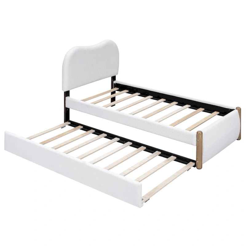 Twin Size Upholstered Platform Bed with Wood Supporting Feet and Twin Size Trundle, Gray