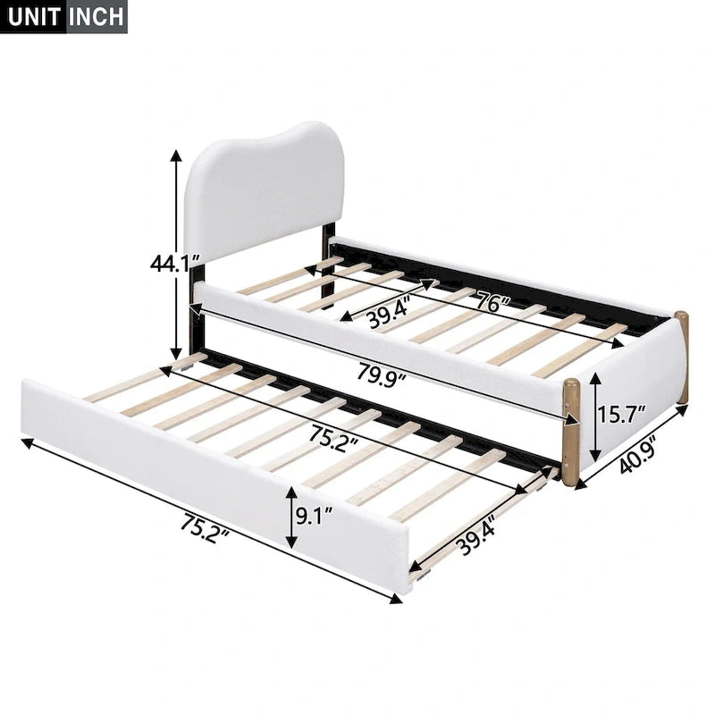 Twin Size Upholstered Platform Bed with Wood Supporting Feet and Twin Size Trundle, Gray