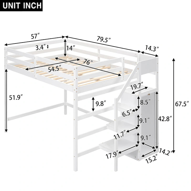 Full Size Loft Bed with Built-in Storage Wardrobe and Staircase, Gray