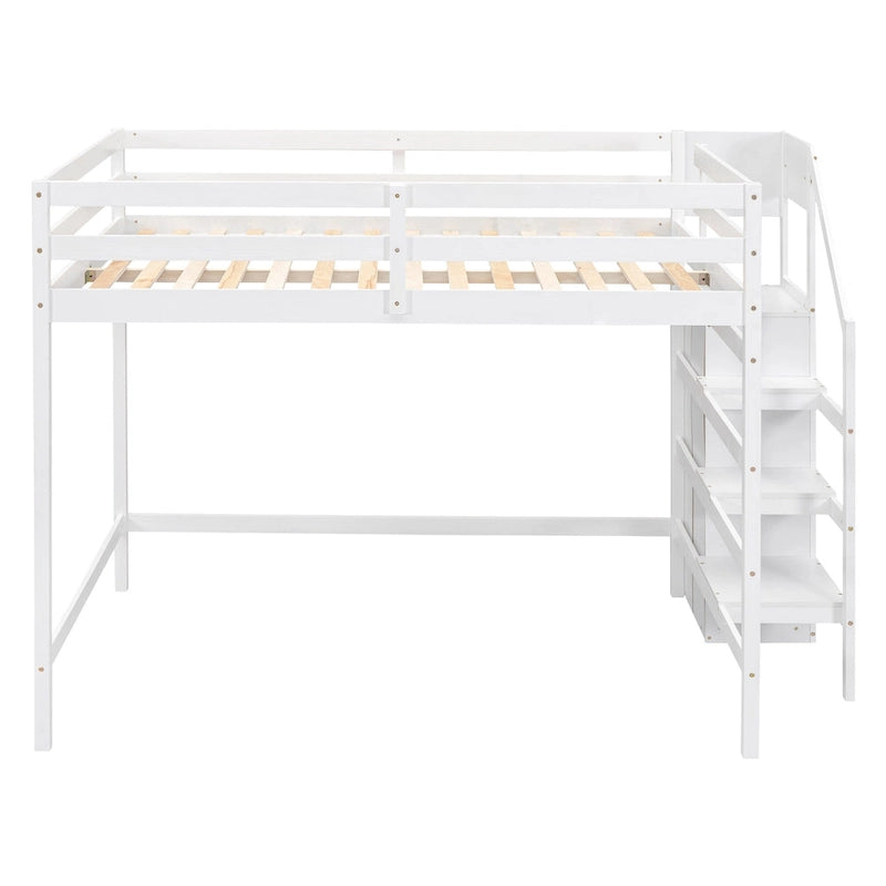Full Size Loft Bed with Built-in Storage Wardrobe and Staircase, Gray