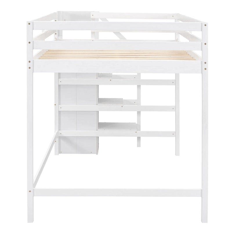 Full Size Loft Bed with Built-in Storage Wardrobe and Staircase, Gray