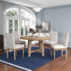 5-Piece Farmhouse Dining Table Set Wood Round Extendable Dining Table and 4 Upholstered Dining Chairs