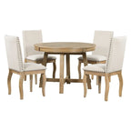5-Piece Farmhouse Dining Table Set Wood Round Extendable Dining Table and 4 Upholstered Dining Chairs