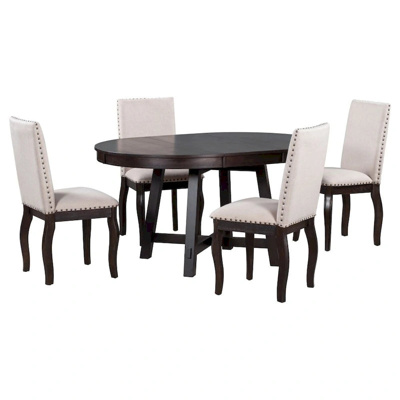 5-Piece Farmhouse Dining Table Set Wood Round Extendable Dining Table and 4 Upholstered Dining Chairs