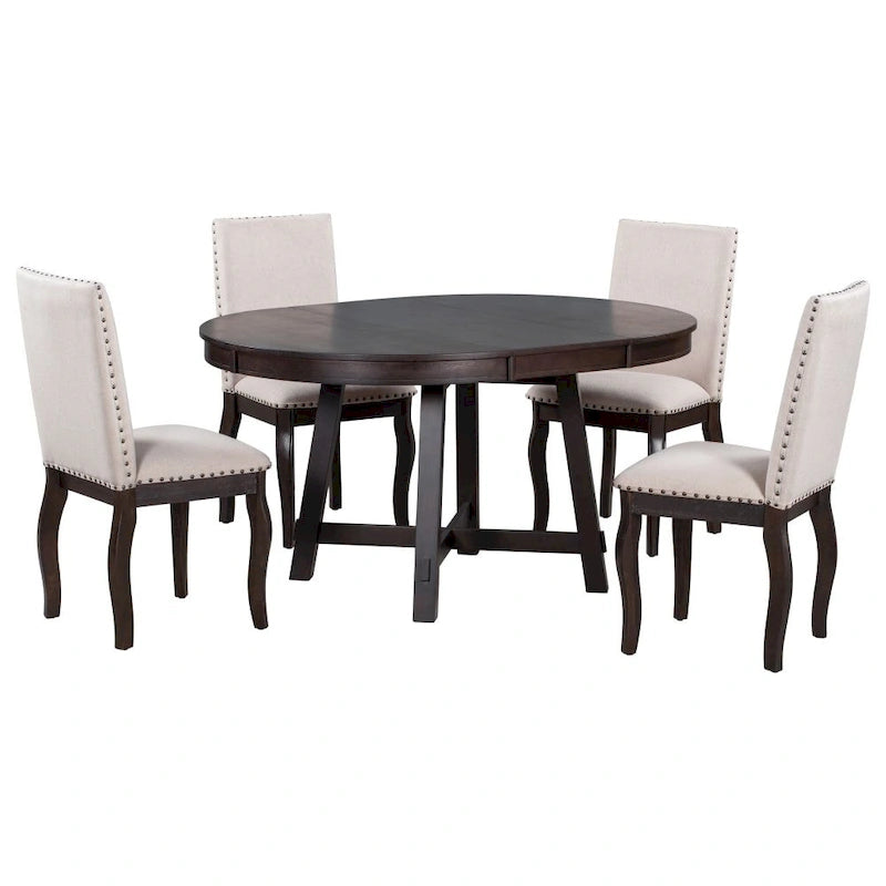 5-Piece Farmhouse Dining Table Set Wood Round Extendable Dining Table and 4 Upholstered Dining Chairs