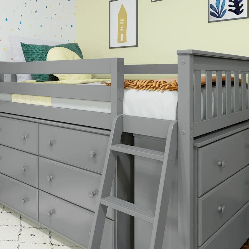 Max and Lily Twin-Size Low Loft with 3-Drawer and 6-Drawer Dressers