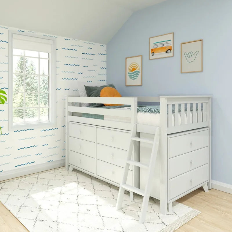 Max and Lily Twin-Size Low Loft with 3-Drawer and 6-Drawer Dressers