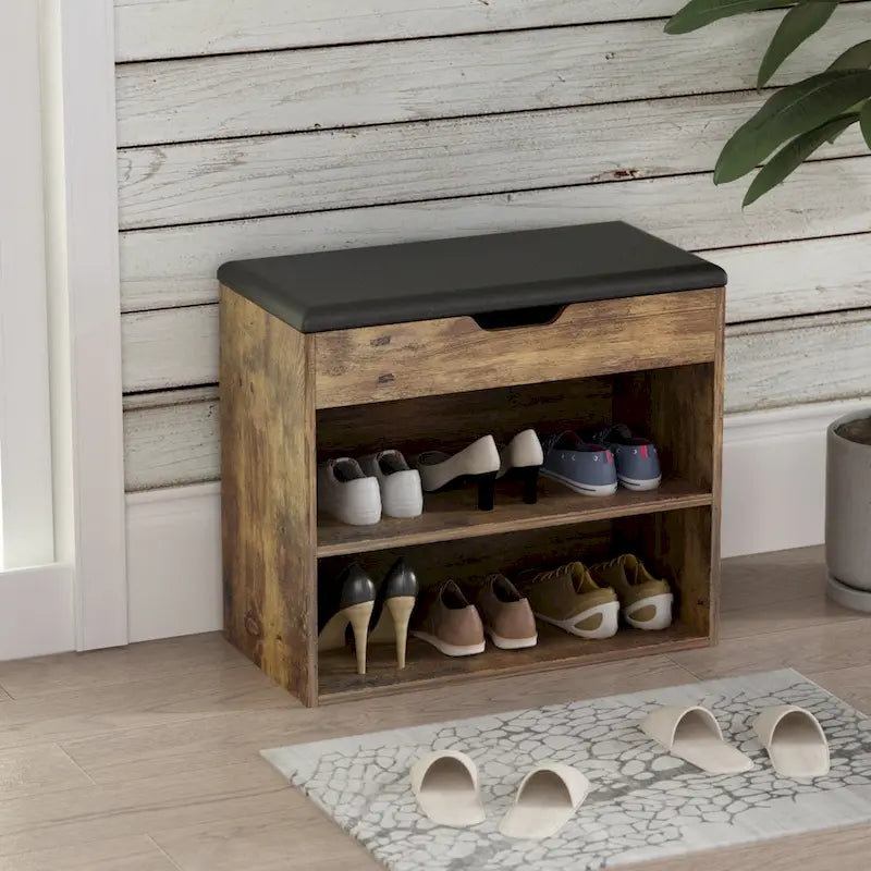 Kerrogee Shoe Storage Bench Rack for 6-Pair, with Hiden Storage uner Cushion - 12W x 24L x 21.2H