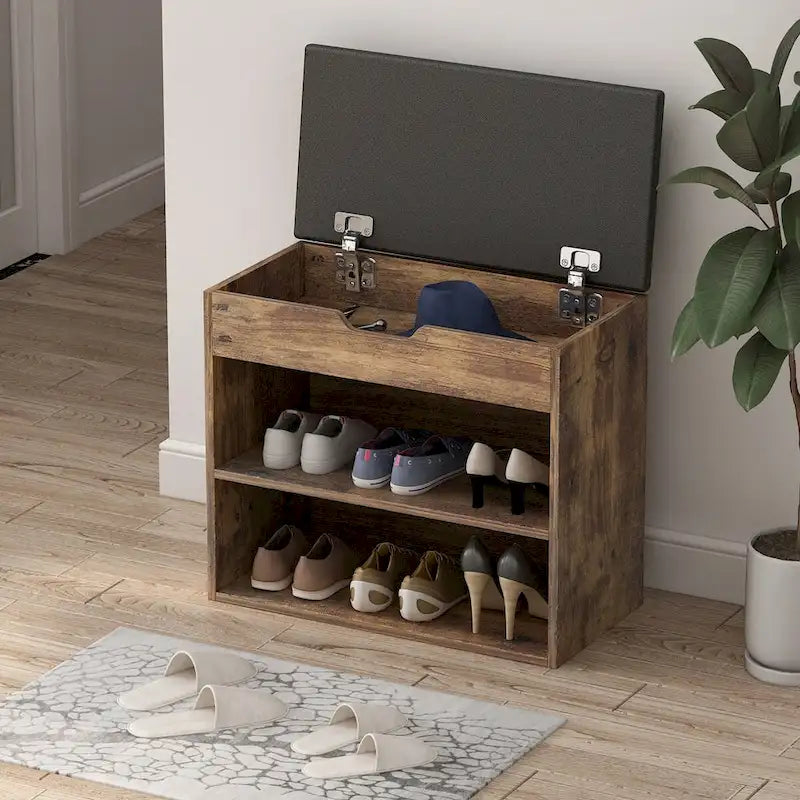 Kerrogee Shoe Storage Bench Rack for 6-Pair, with Hiden Storage uner Cushion - 12W x 24L x 21.2H