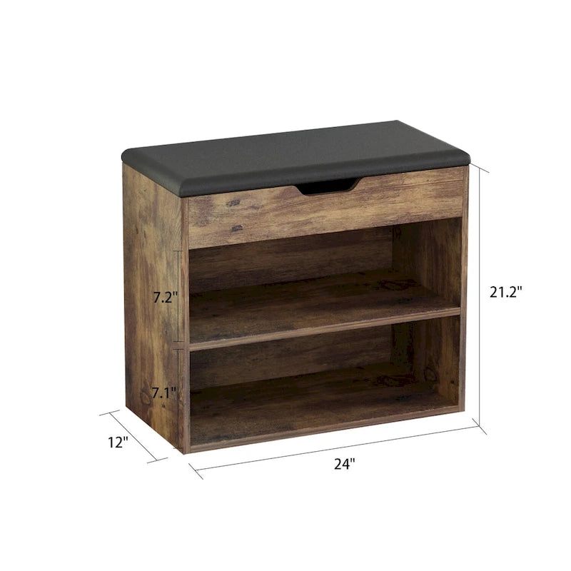 Kerrogee Shoe Storage Bench Rack for 6-Pair, with Hiden Storage uner Cushion - 12W x 24L x 21.2H