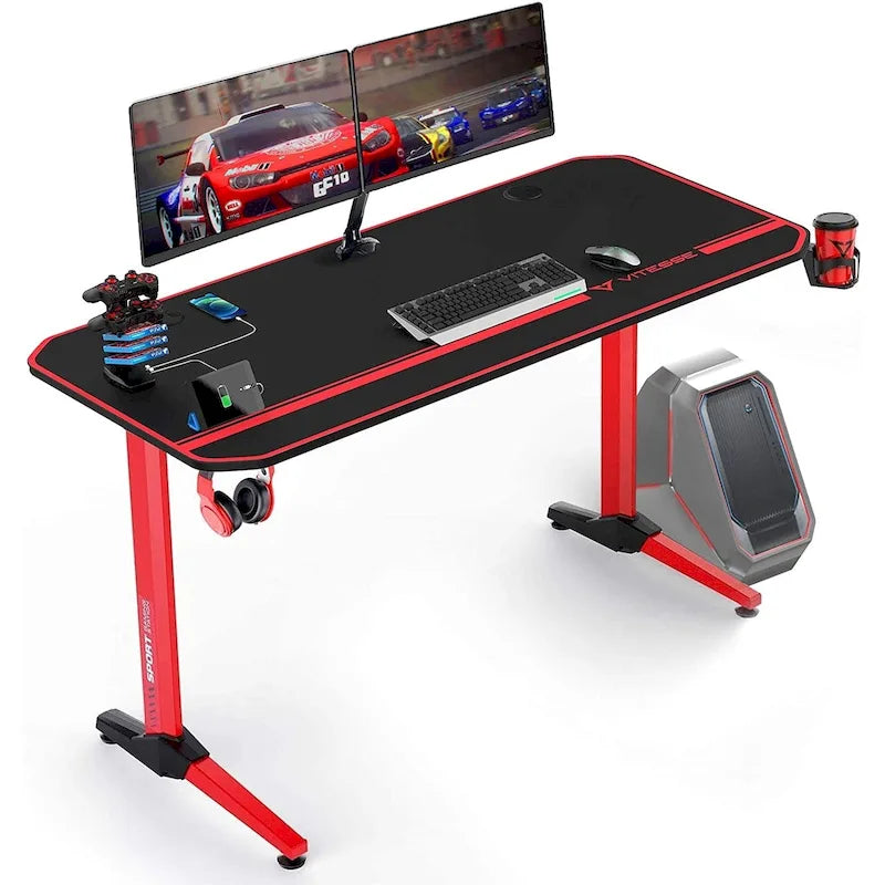 BOSSIN Ergonomic Gaming Desk T-Shaped Office PC Computer Desk with Full Desk Mouse Pad, Handle Rack, Cup Holder Headphone Hook