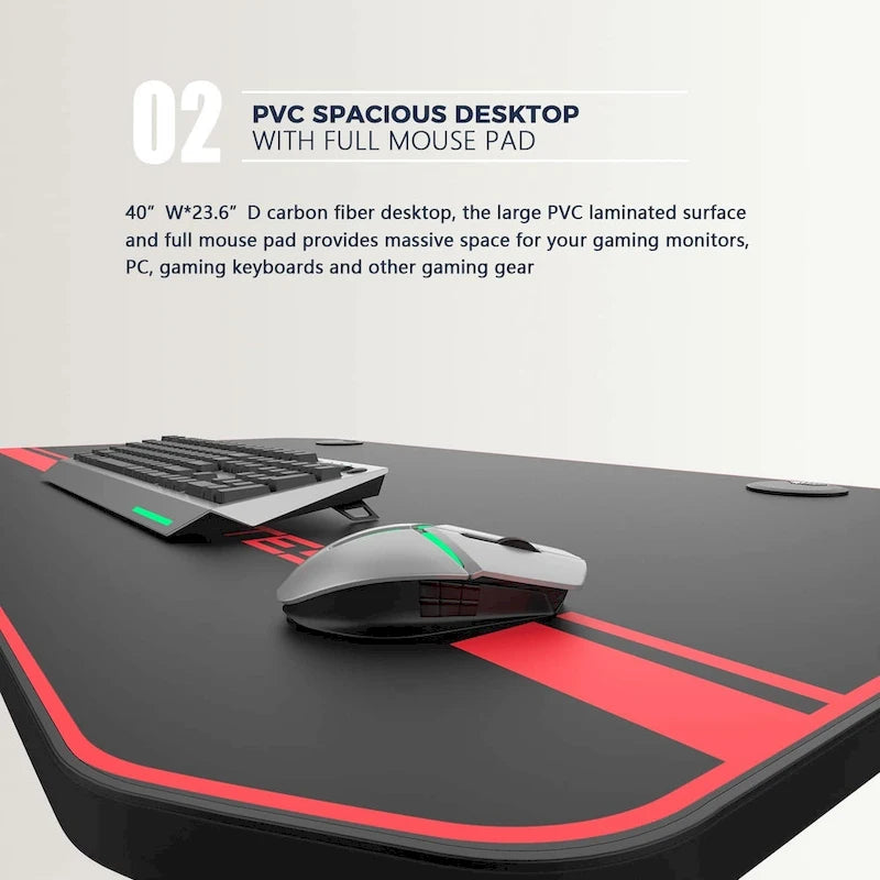 BOSSIN Ergonomic Gaming Desk T-Shaped Office PC Computer Desk with Full Desk Mouse Pad, Handle Rack, Cup Holder Headphone Hook