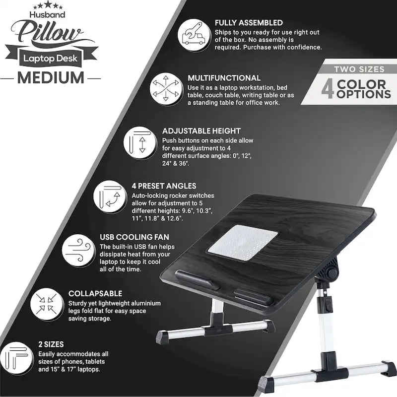Husband Pillow - Lap Desk Wood Small Top - Fits Up to 17 Laptop - with Dual Cushion, Multifunctional Slot for Tablet