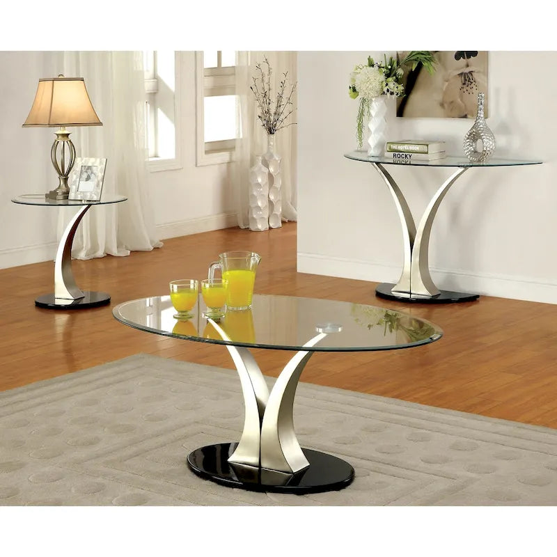 Wuct Modern Silver 46-inch Metal Half-moon Pedestal Sofa Table with Glass Top by Furniture of America