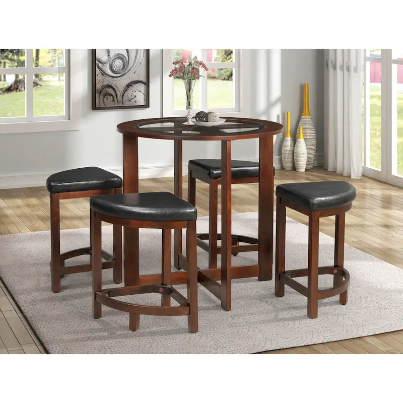 Roundhill Furniture 5 Piece Round Counter Height Dining Set in Solid Wood with Glass Table Top