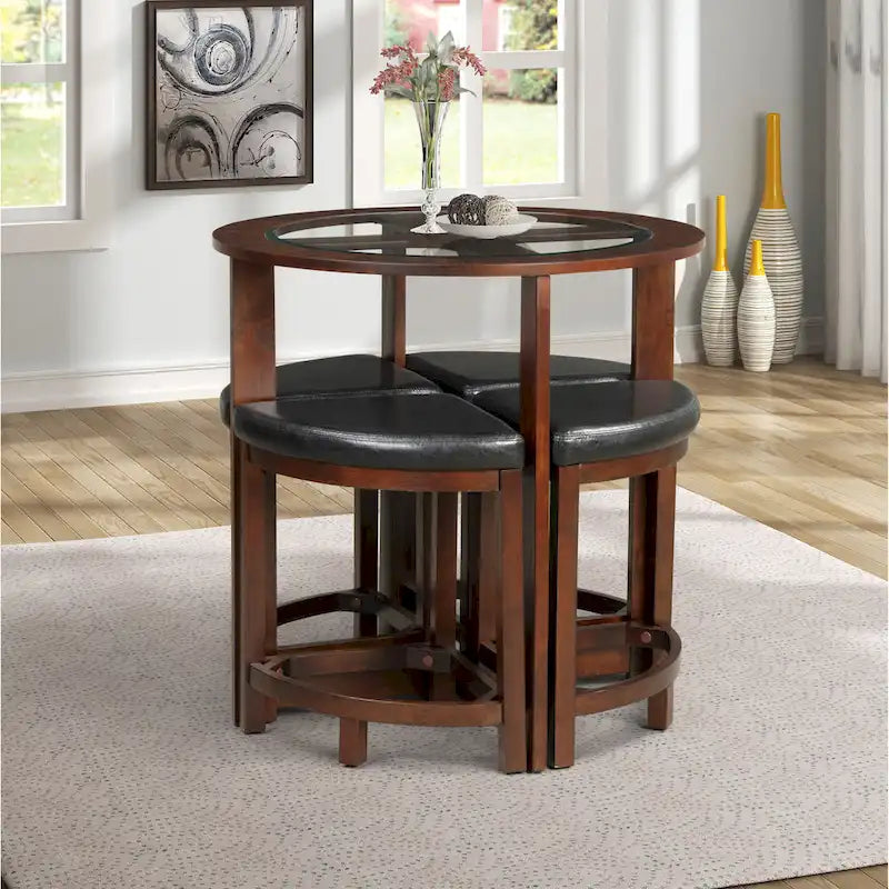 Roundhill Furniture 5 Piece Round Counter Height Dining Set in Solid Wood with Glass Table Top